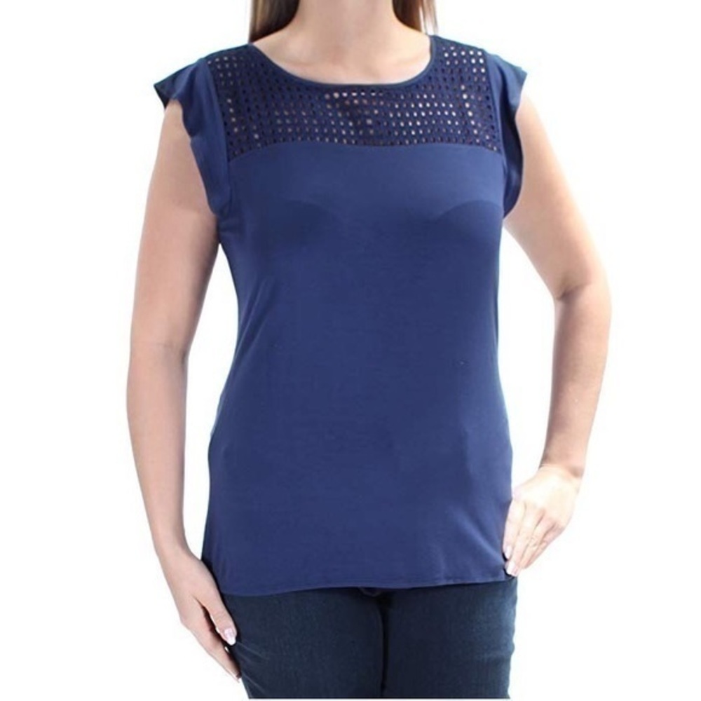New Maison Jules Eyelet Flutter Sleeves Top Navy